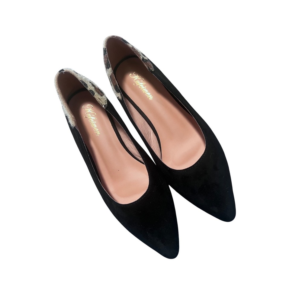 Kifeiwen Black Suede Pointed Toe Flats with Leopard Print Accent Size 36